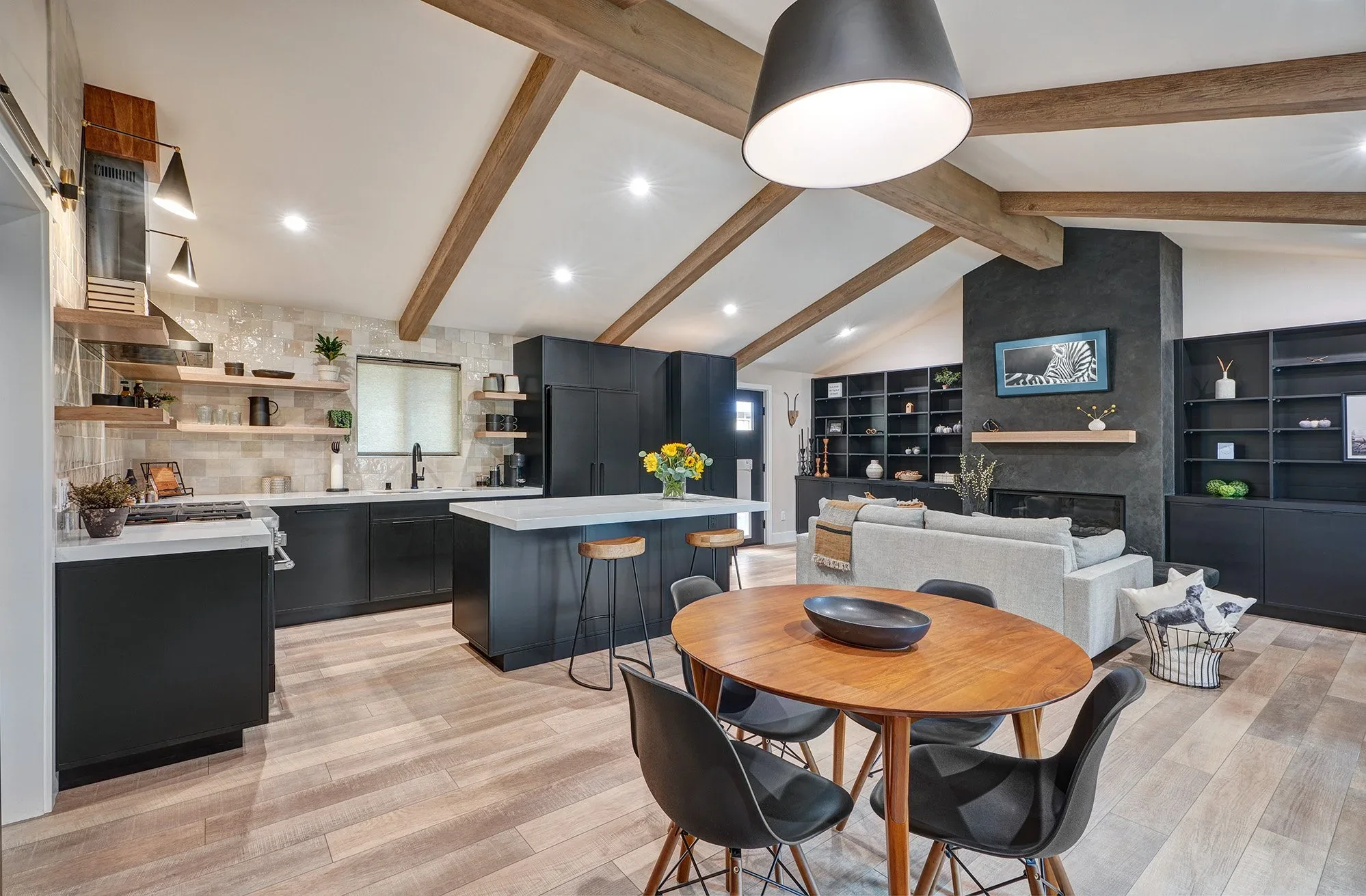 New construction ADU, kitchen with micro shaker cabinetry, island, beams