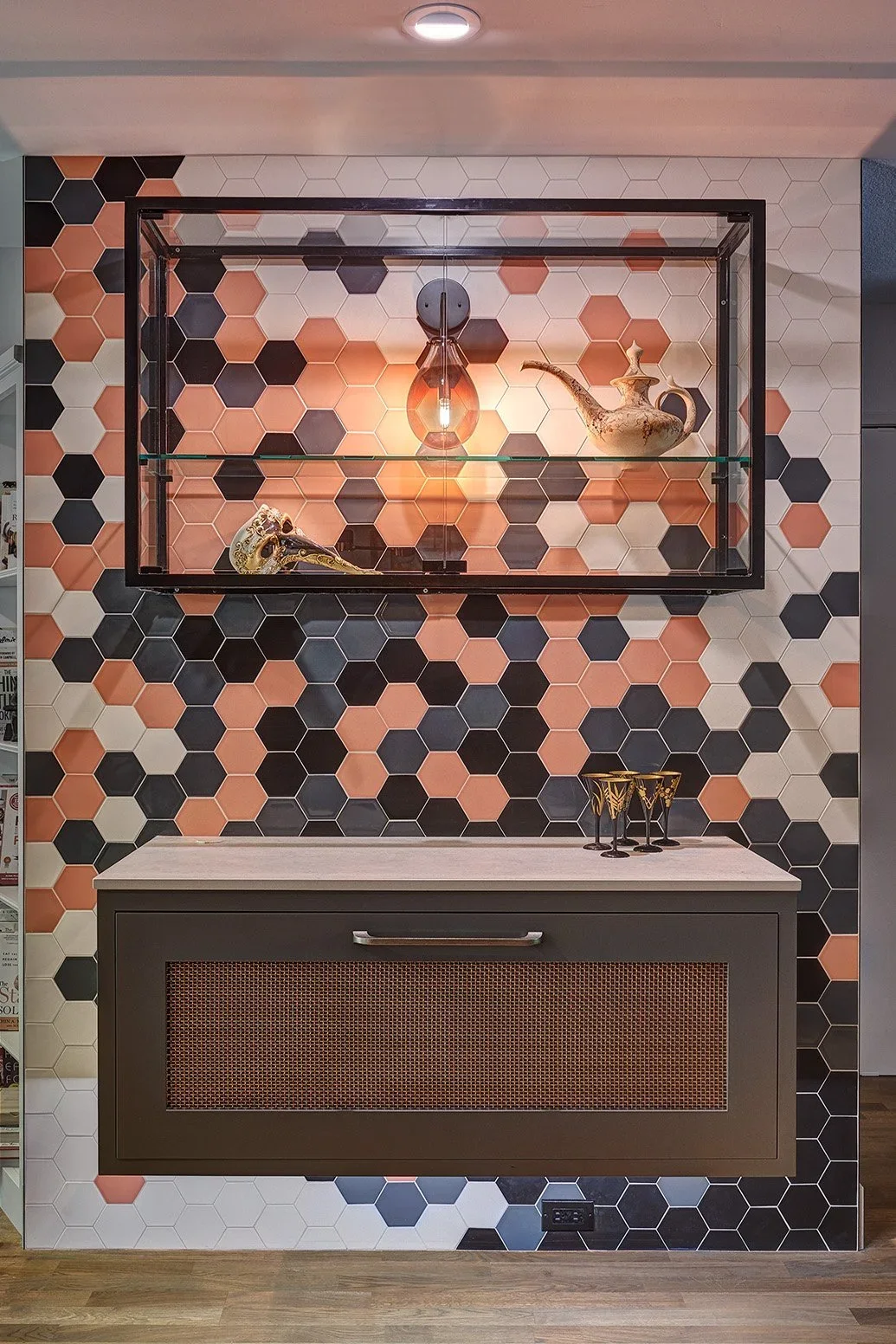 Floating cabinet bar with mesh insert, aluminum frame wall cube display, hex patterned colorful tile