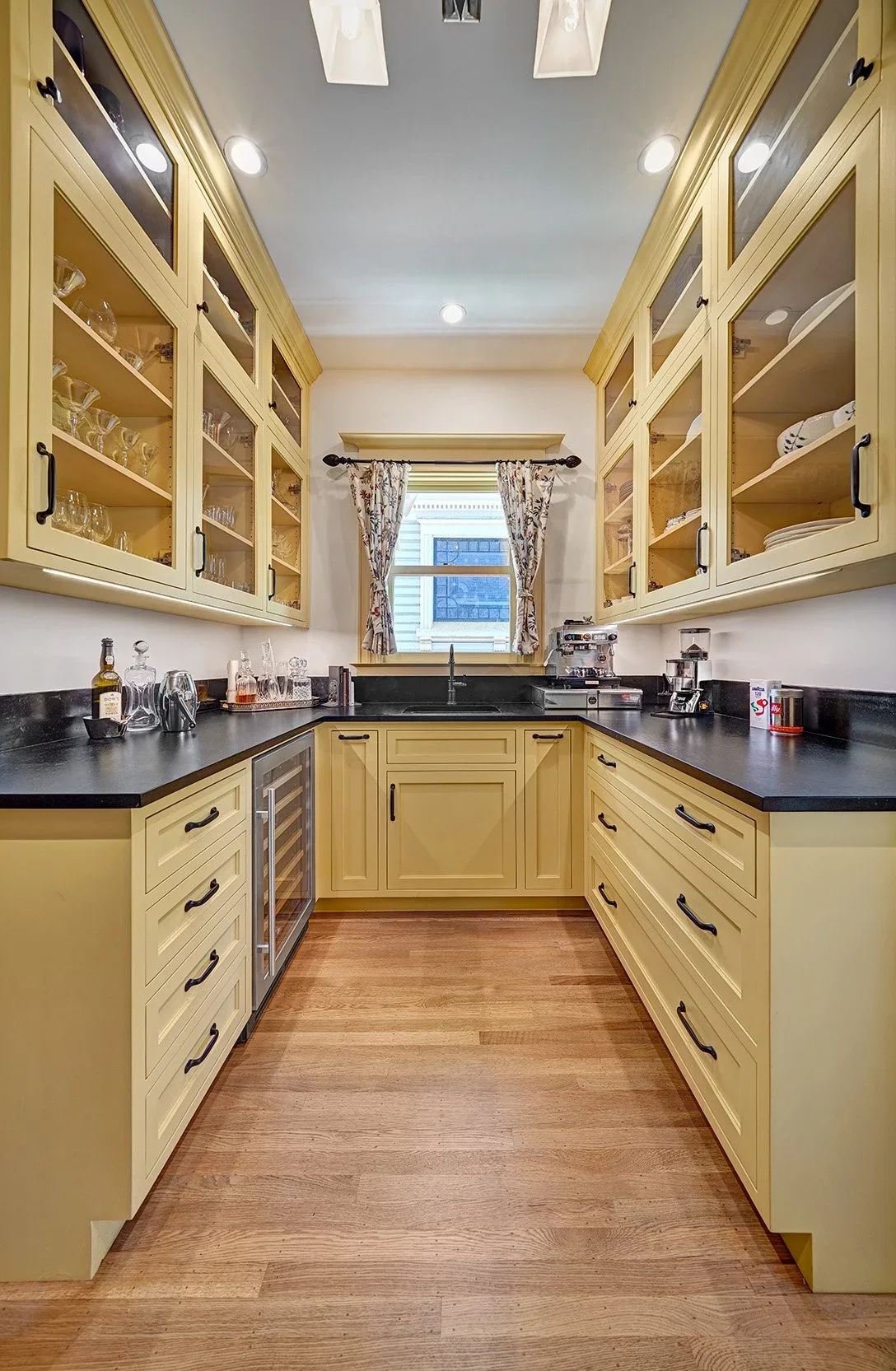 Transitional, classic butler kitchen remodel, yellow cabinetry