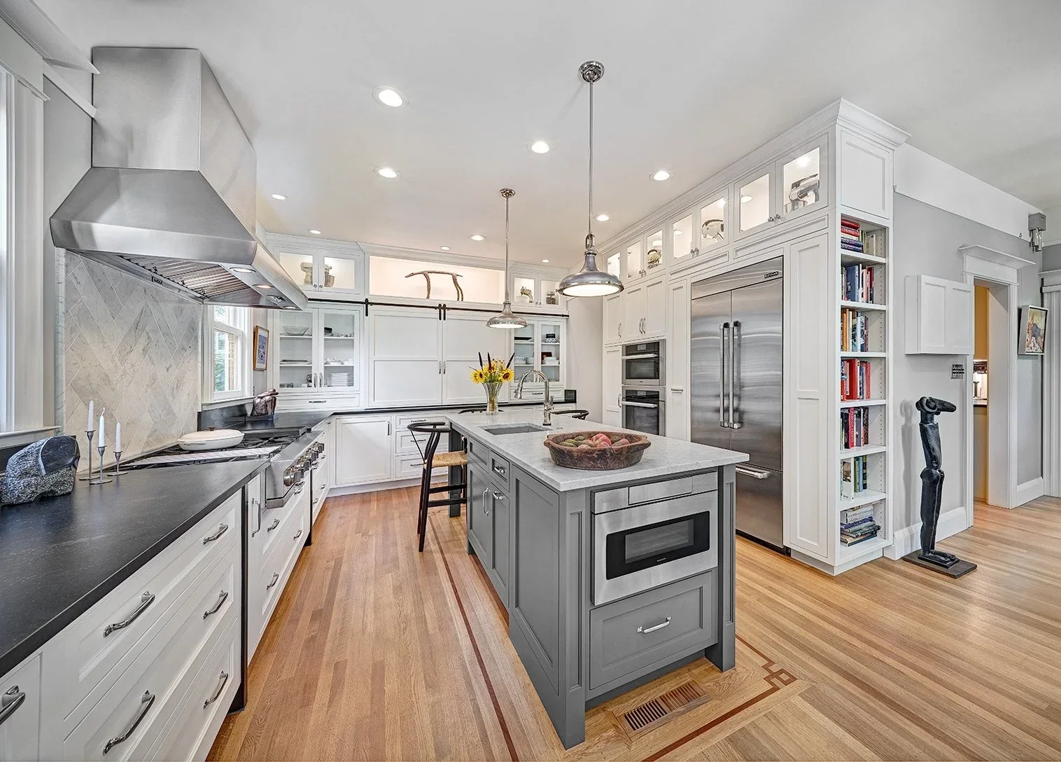 Transitional, classic kitchen remodel, wood floor pattern, white + grey cabinetry, island