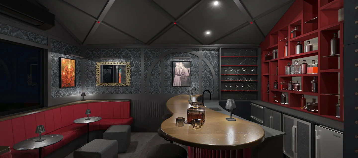 Lacquer-red shelves, a curved metal bar, and dark patterned walls in Red Velvet Speakeasy