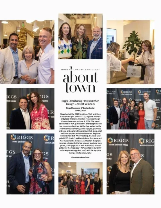 Collage of photos from the Riggs Kitchen Design Contest event, featuring people posing, speaking, and celebrating at the Riggs Showroom and SF Design Center.
