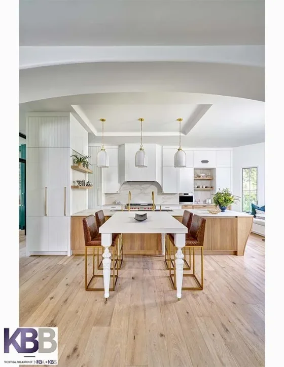 Modern open-concept kitchen with white cabinetry, pendant lights, a kitchen island with bar stools, wooden flooring, and a large window.