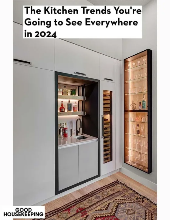 Modern kitchen bar setup with a small sink, open shelves with bottles, a glass display case with glassware, and a built-in wine rack, with a colorful rug on the floor.