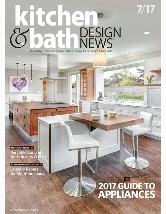 Cover of Kitchen & Bath Design News magazine, July 2017 issue, featuring a modern kitchen with an island, white cabinets, wooden accents, and a dining area.